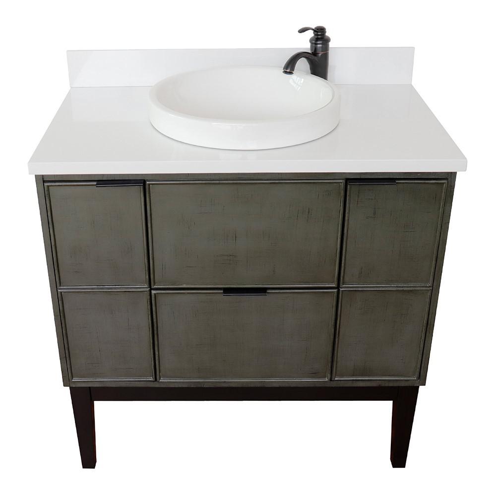 37 Single vanity in Linen Gray finish with White Quartz top and rectangle sink. Picture 26