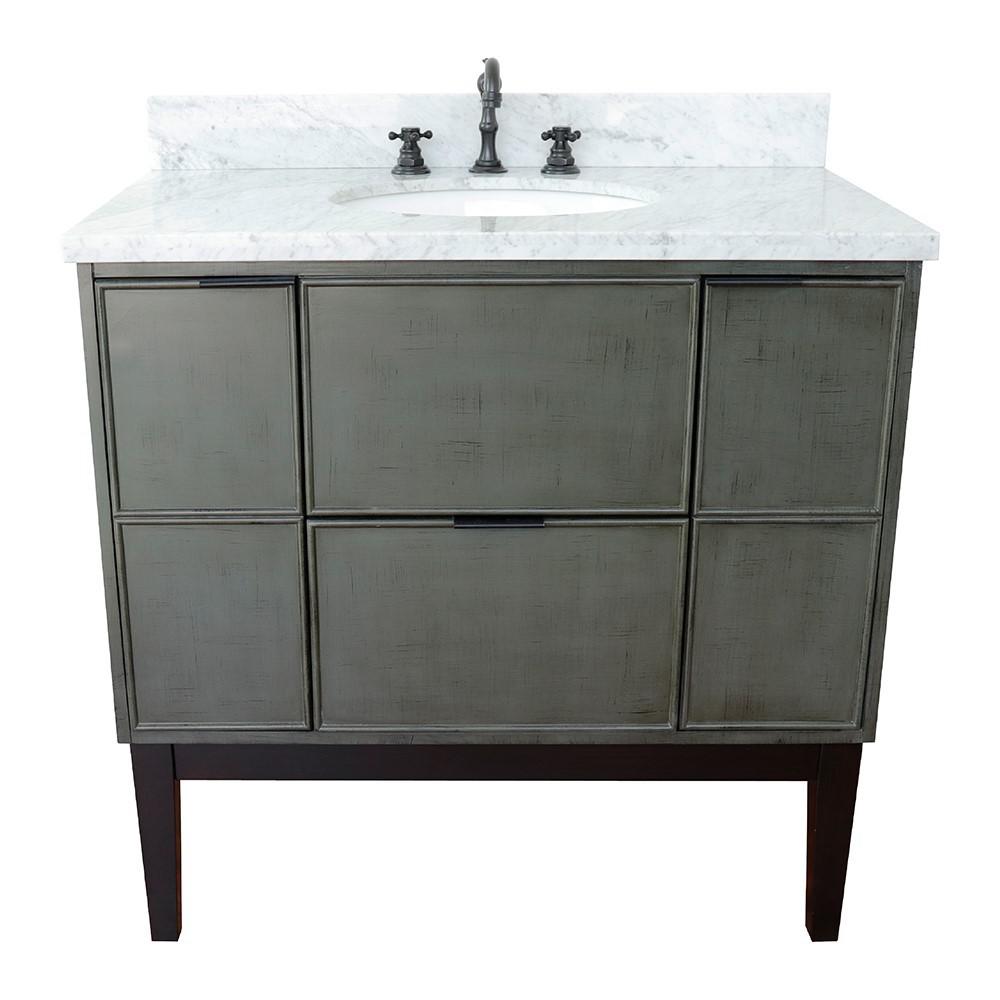 37 Single vanity in Linen Gray finish with White Carrara top and oval sink. Picture 8