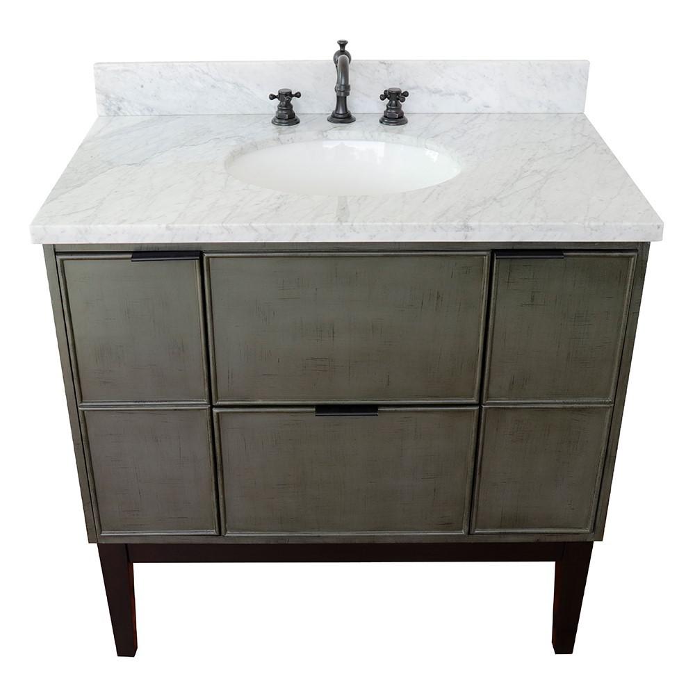 37 Single vanity in Linen Gray finish with White Carrara top and oval sink. Picture 12