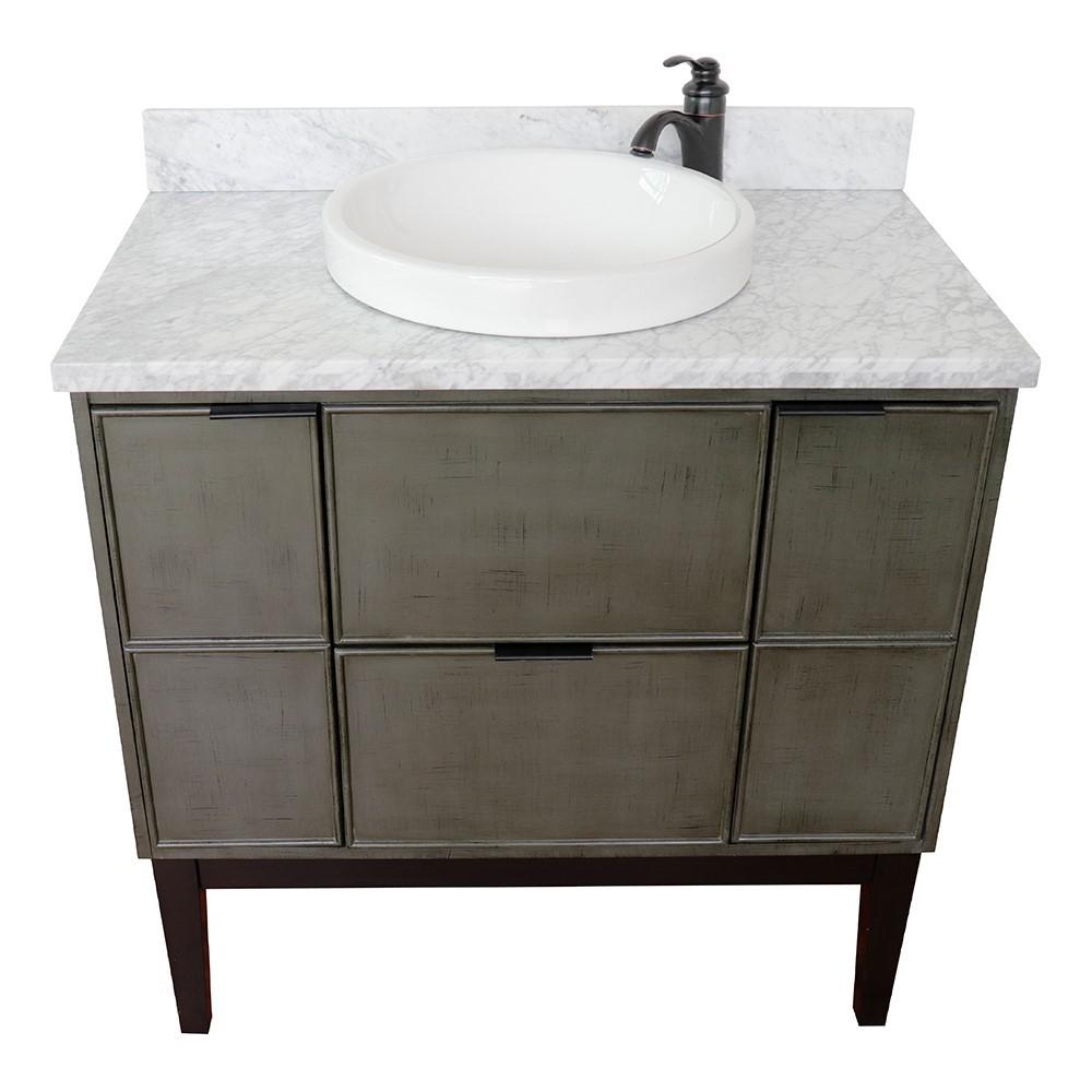 37 Single vanity in Linen Gray finish with White Carrara top and rectangle sink. Picture 26