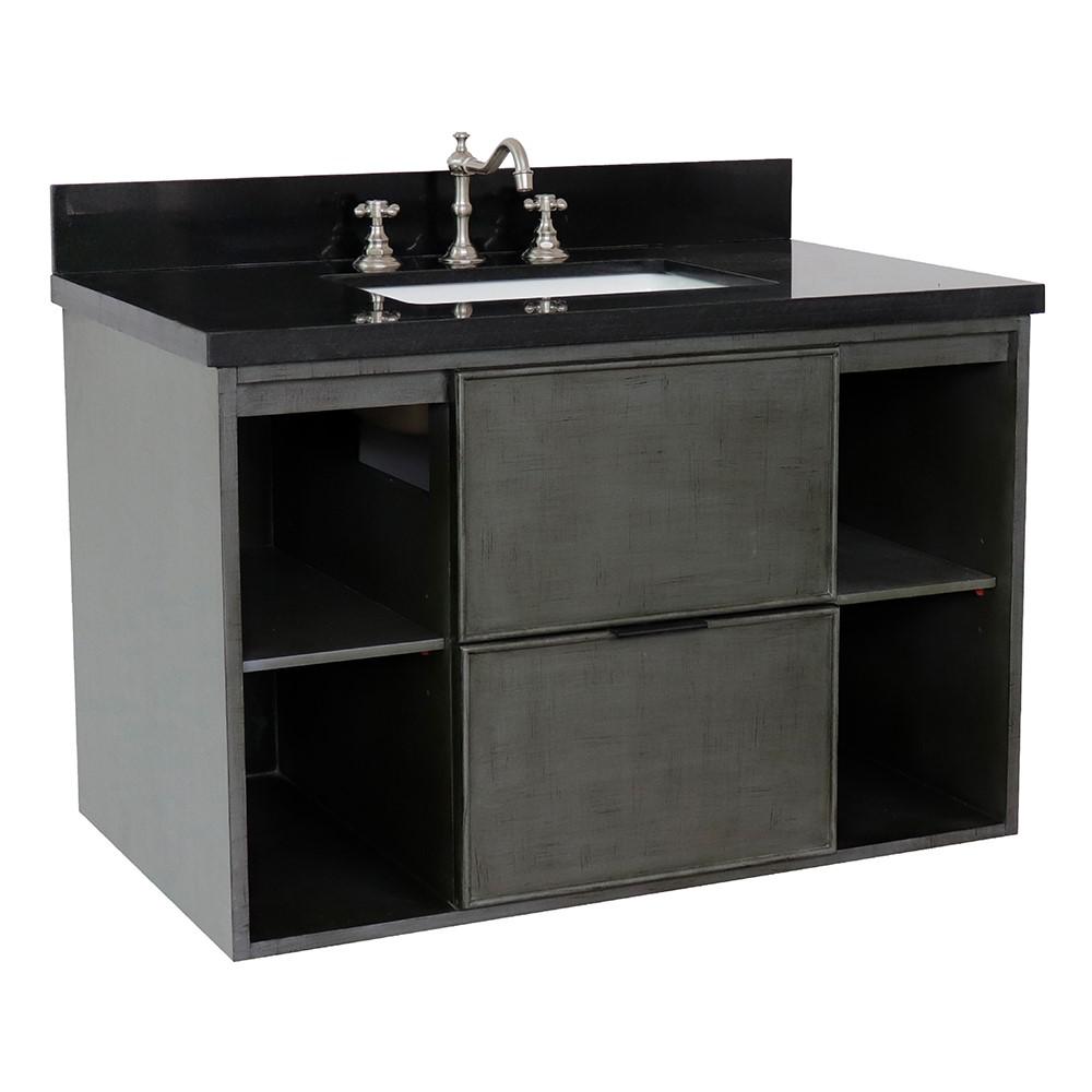 Single wall mount vanity in Linen Gray with Black Galaxy top and rectangle sink. Picture 2