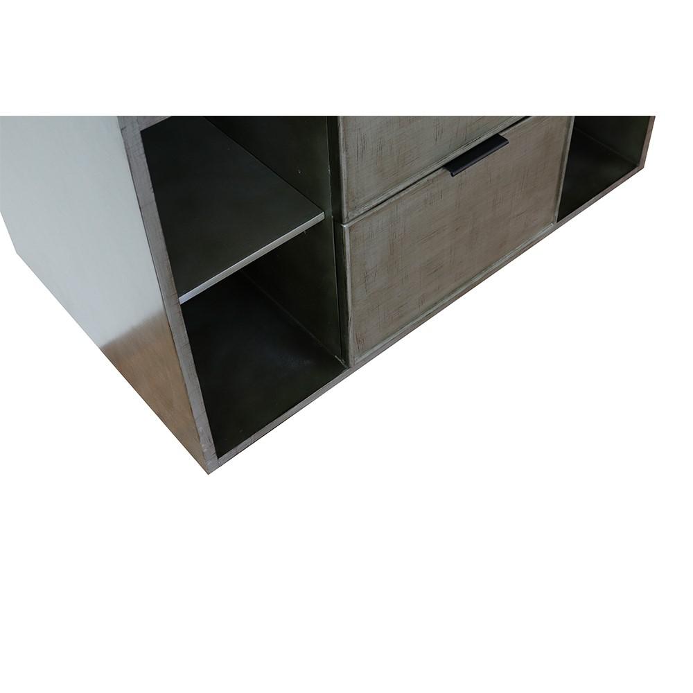 Single wall mount vanity in Linen Gray with Black Galaxy top and rectangle sink. Picture 4