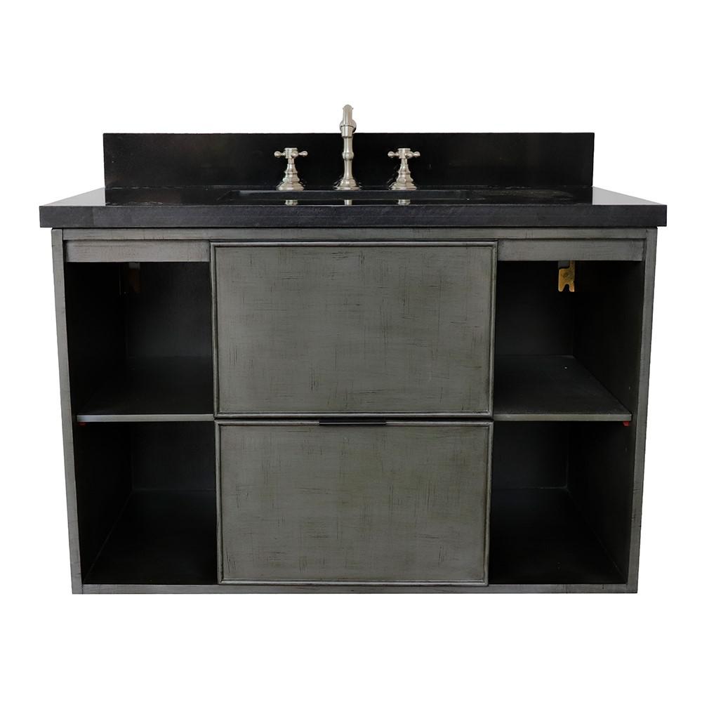 Single wall mount vanity in Linen Gray with Black Galaxy top and rectangle sink. Picture 5