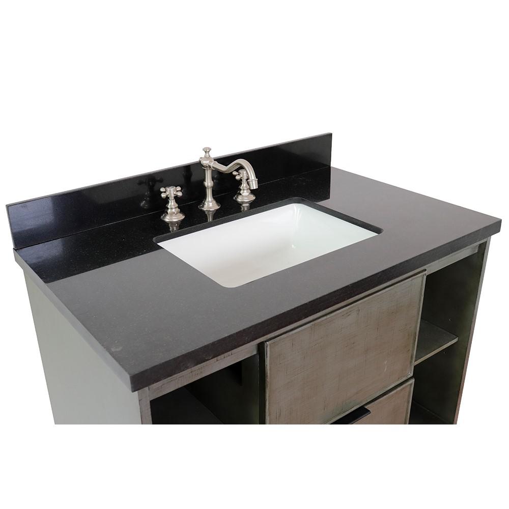 Single wall mount vanity in Linen Gray with Black Galaxy top and rectangle sink. Picture 6