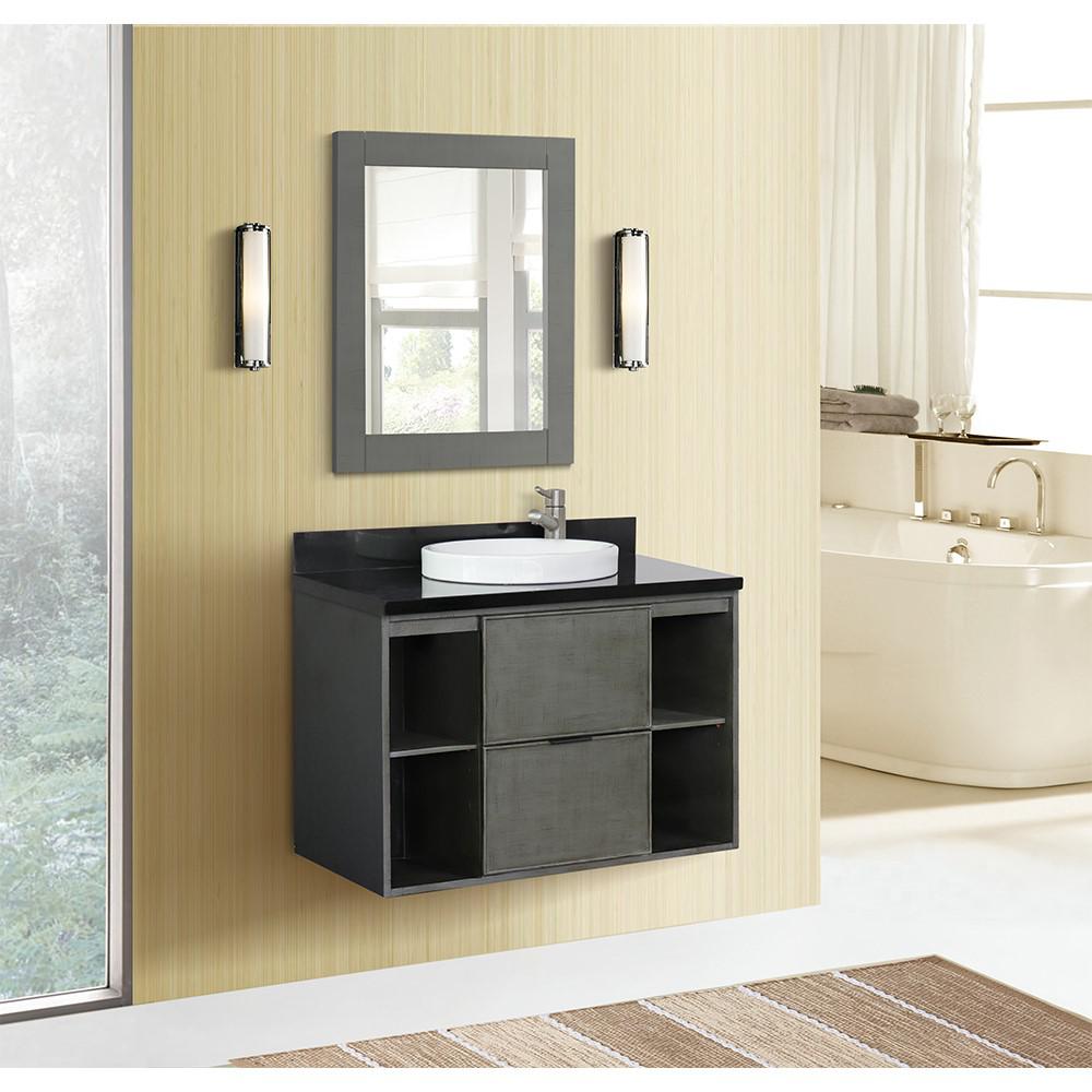 Single wall mount vanity in Linen Gray with Black Galaxy top and rectangle sink. Picture 14