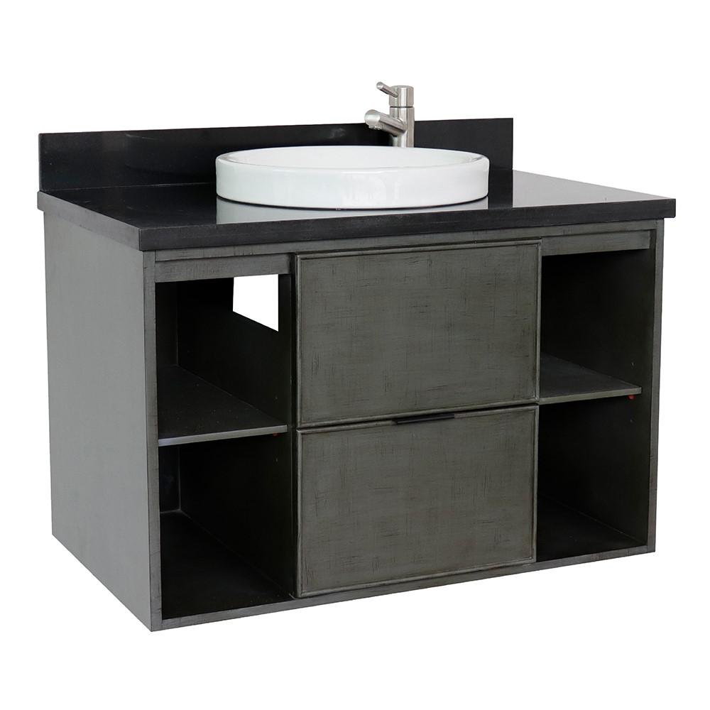 Single wall mount vanity in Linen Gray with Black Galaxy top and rectangle sink. Picture 15