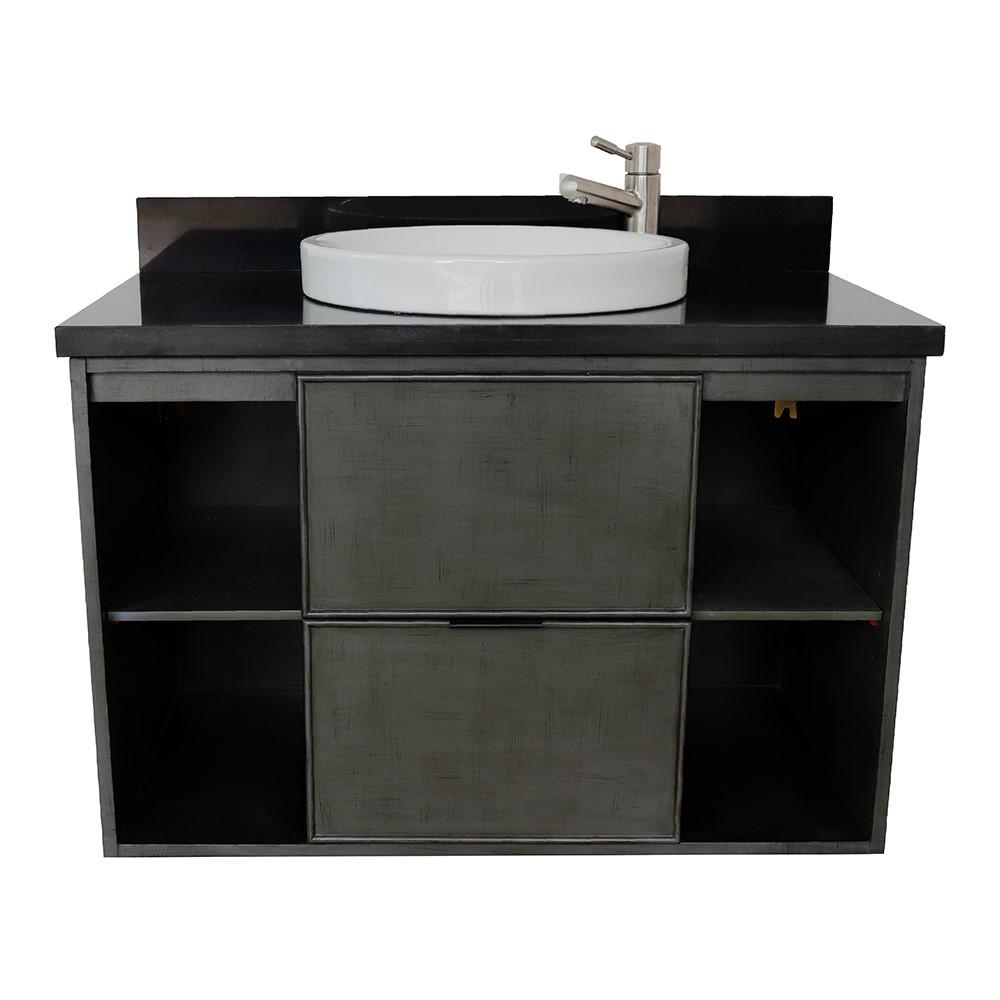 Single wall mount vanity in Linen Gray with Black Galaxy top and rectangle sink. Picture 17