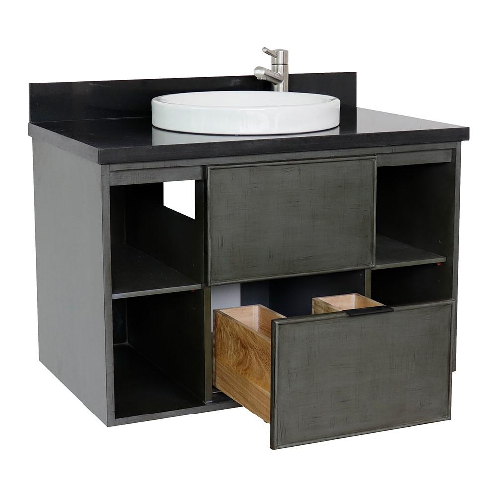Single wall mount vanity in Linen Gray with Black Galaxy top and rectangle sink. Picture 19