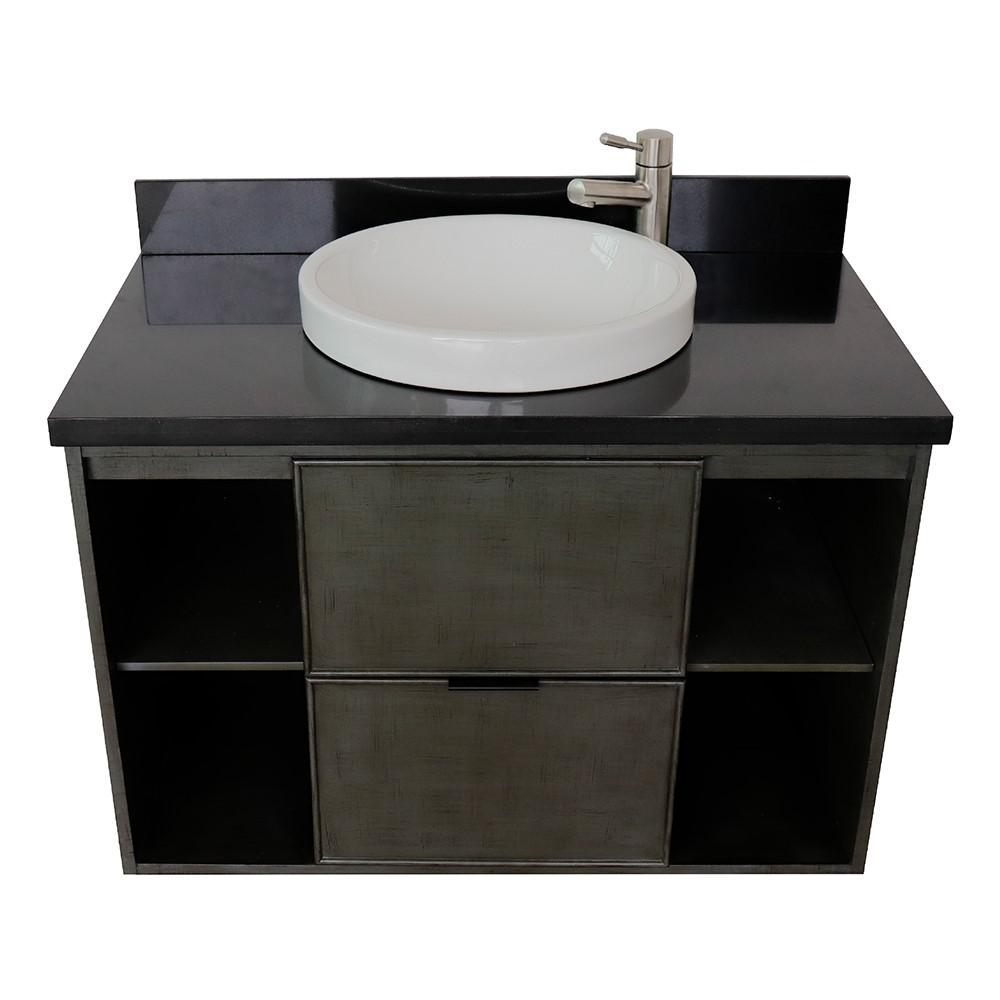 Single wall mount vanity in Linen Gray with Black Galaxy top and rectangle sink. Picture 21