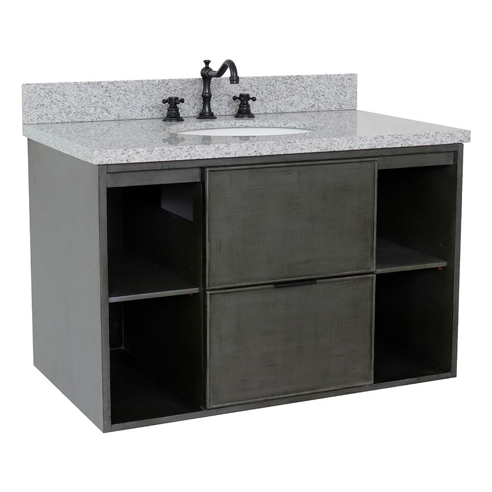 Single wall mount vanity in Linen Gray with Gray granite top and oval sink. Picture 3