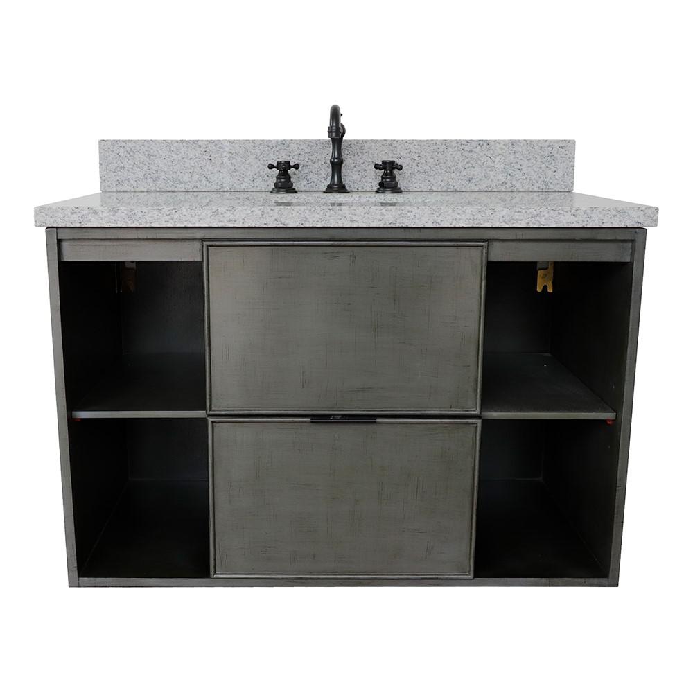 Single wall mount vanity in Linen Gray with Gray granite top and oval sink. Picture 5
