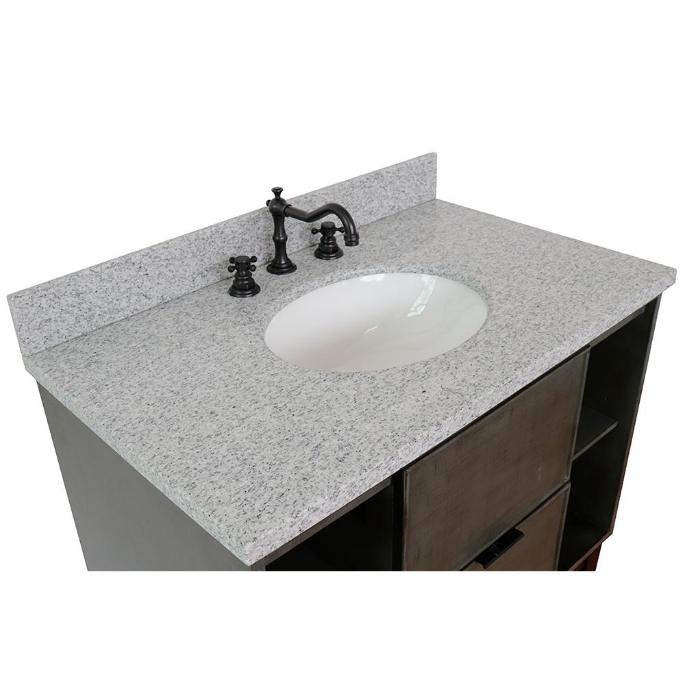 Single wall mount vanity in Linen Gray with Gray granite top and oval sink. Picture 6