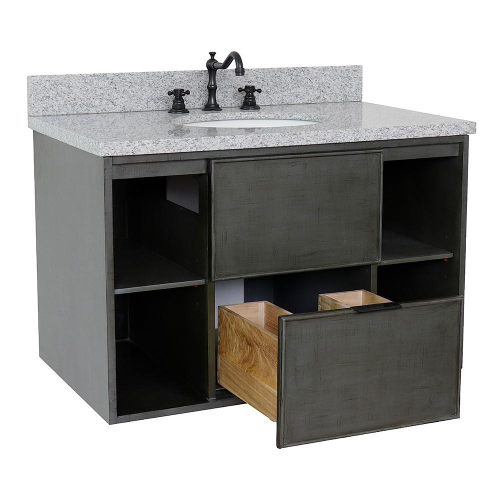 Single wall mount vanity in Linen Gray with Gray granite top and oval sink. Picture 7