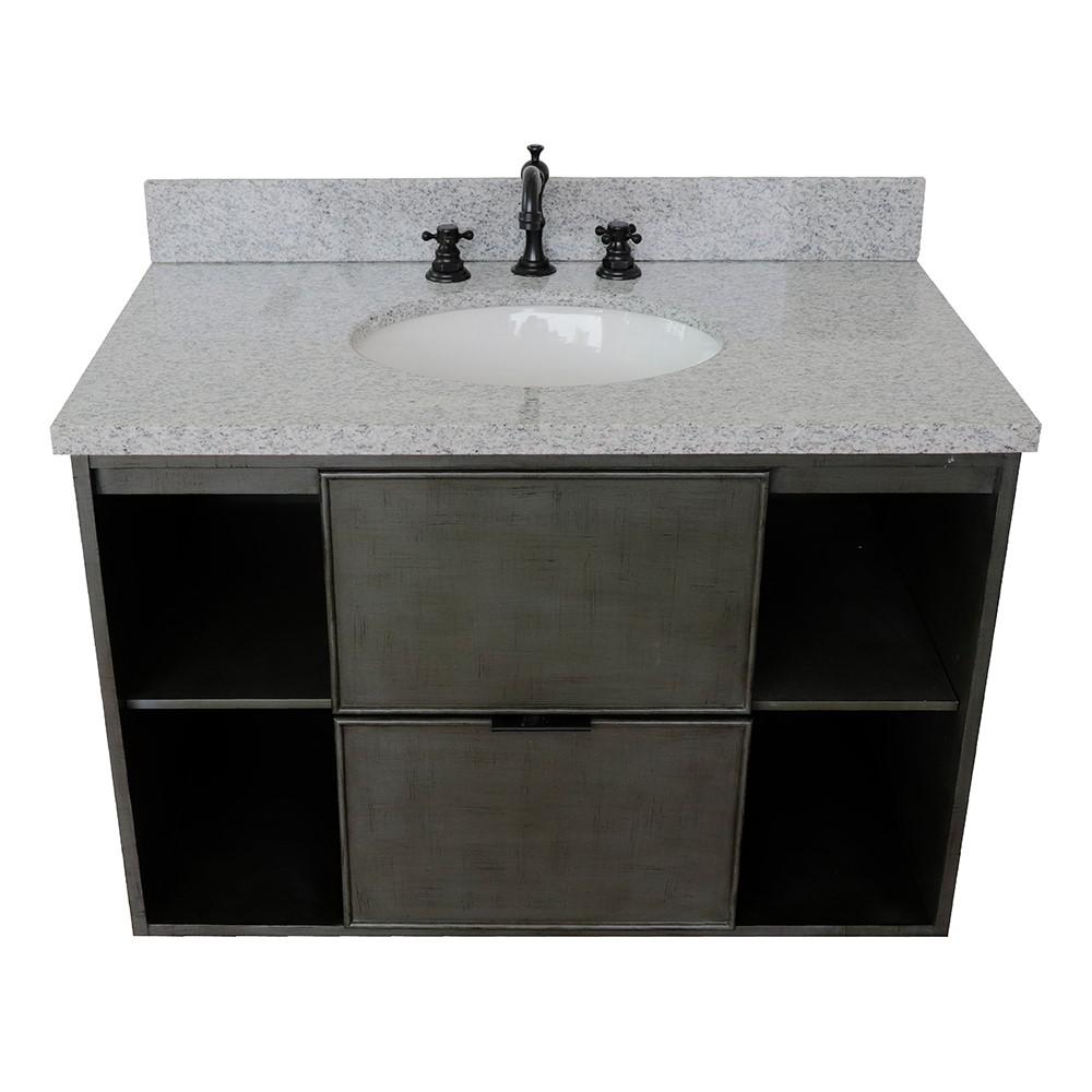Single wall mount vanity in Linen Gray with Gray granite top and oval sink. Picture 9