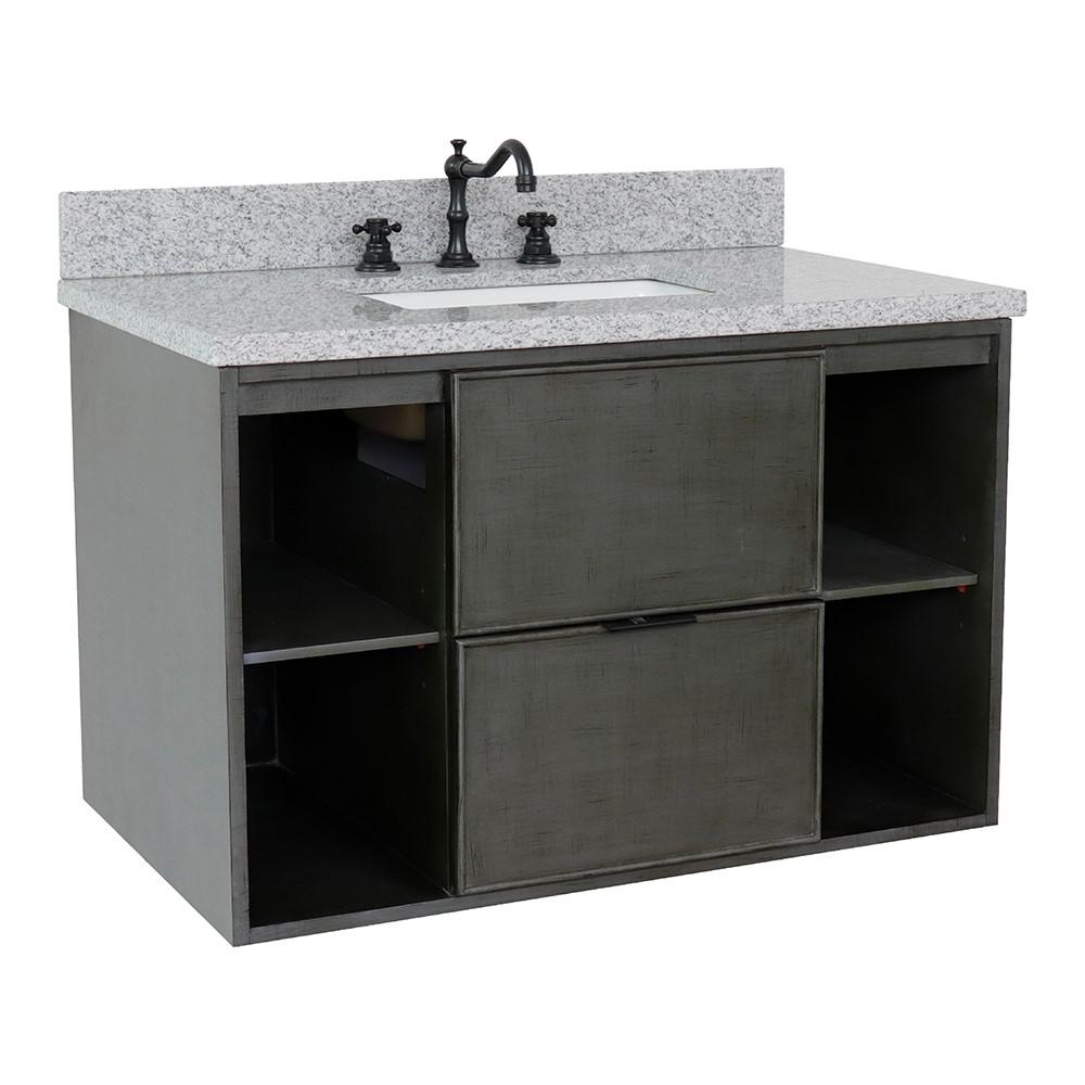 Single wall mount vanity in Linen Gray with Gray granite top and rectangle sink. Picture 3