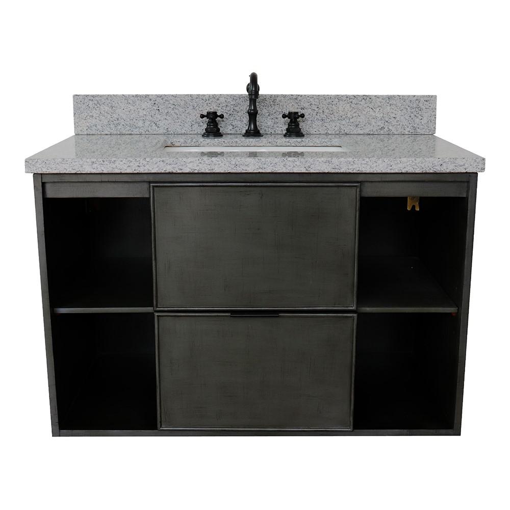 Single wall mount vanity in Linen Gray with Gray granite top and rectangle sink. Picture 6