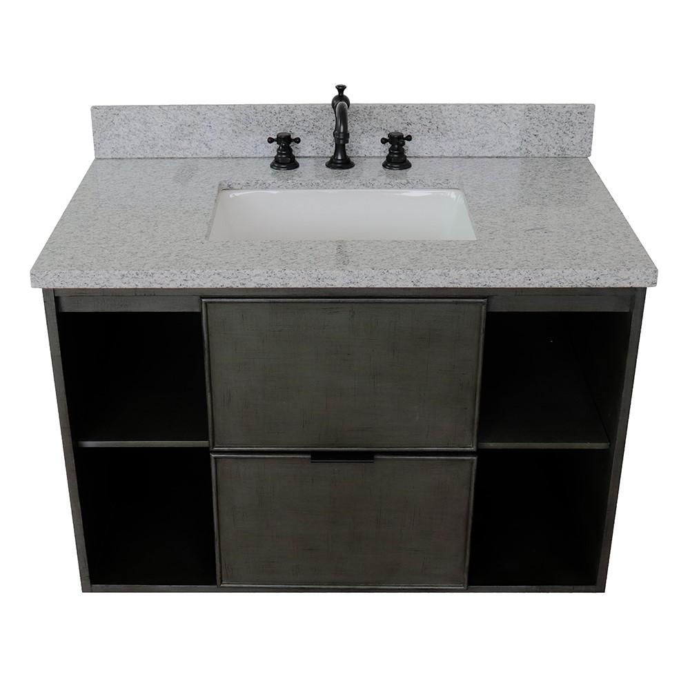 Single wall mount vanity in Linen Gray with Gray granite top and rectangle sink. Picture 10