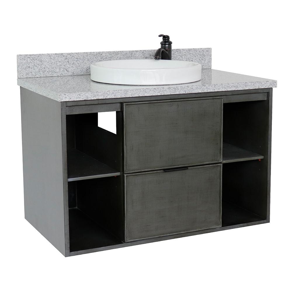 Single wall mount vanity in Linen Gray with Gray granite top and rectangle sink. Picture 15