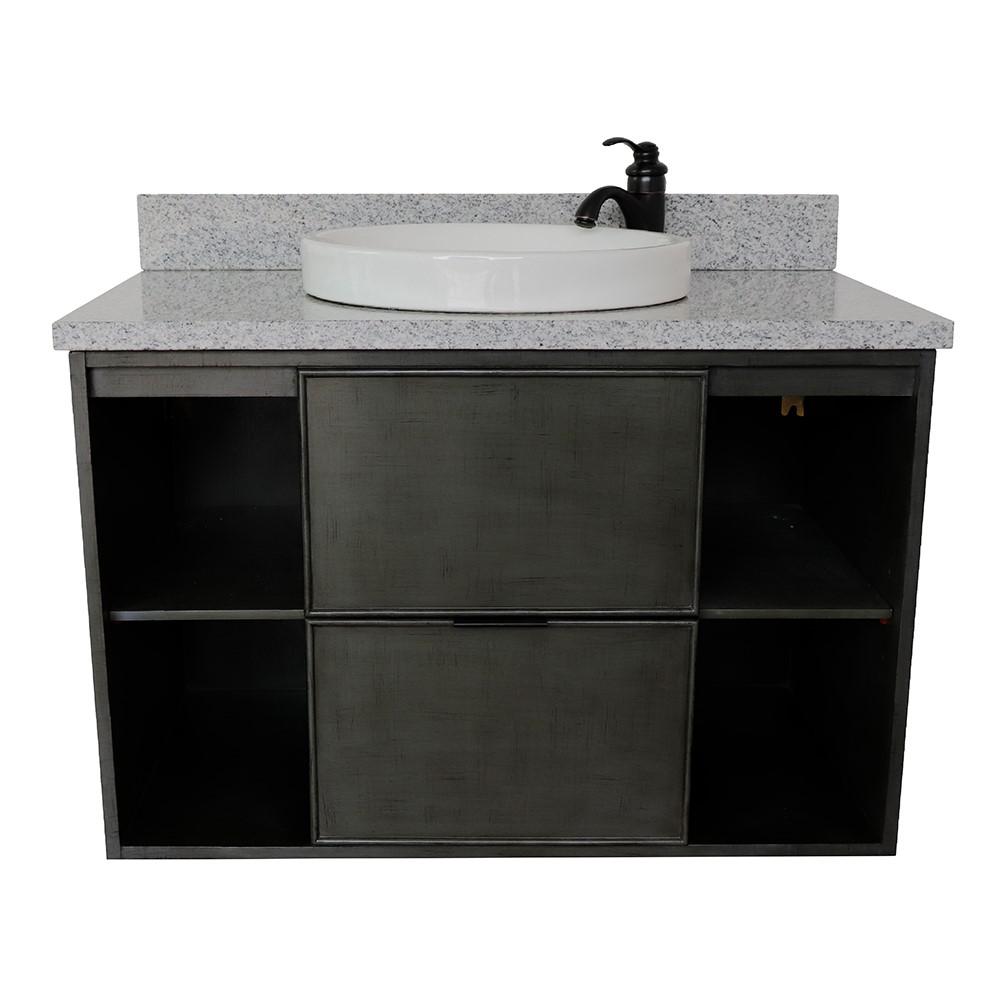 Single wall mount vanity in Linen Gray with Gray granite top and rectangle sink. Picture 17