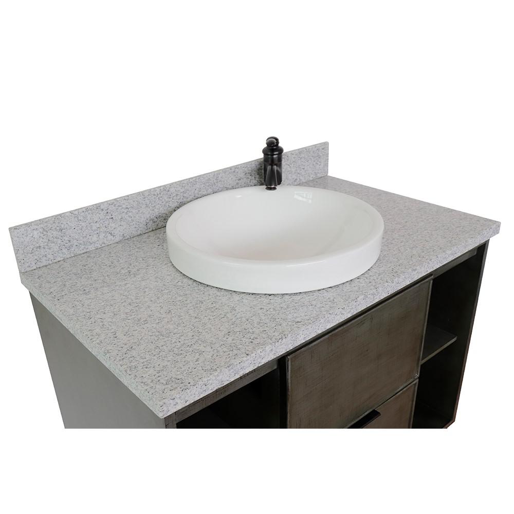 Single wall mount vanity in Linen Gray with Gray granite top and rectangle sink. Picture 18