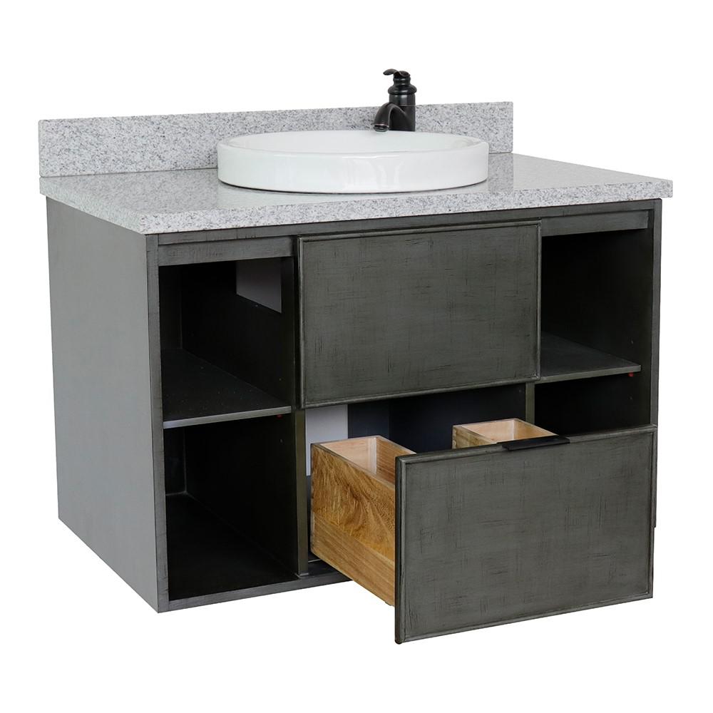 Single wall mount vanity in Linen Gray with Gray granite top and rectangle sink. Picture 19