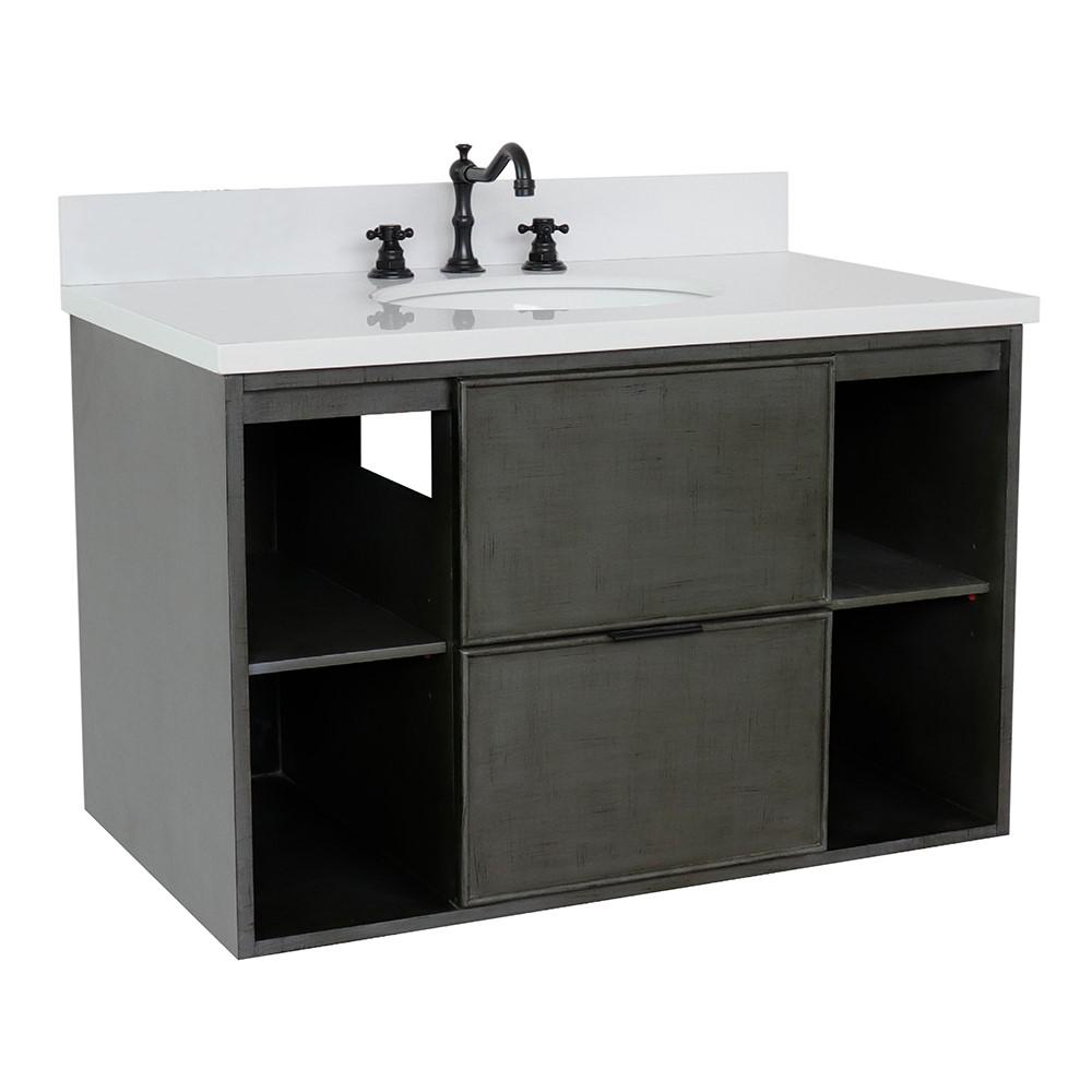 Single wall mount vanity in Linen Gray with White Quartz top and oval sink. Picture 3
