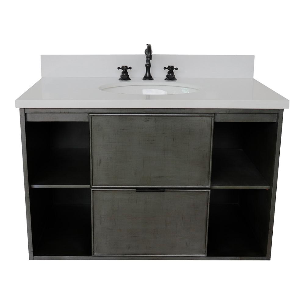 Single wall mount vanity in Linen Gray with White Quartz top and oval sink. Picture 5