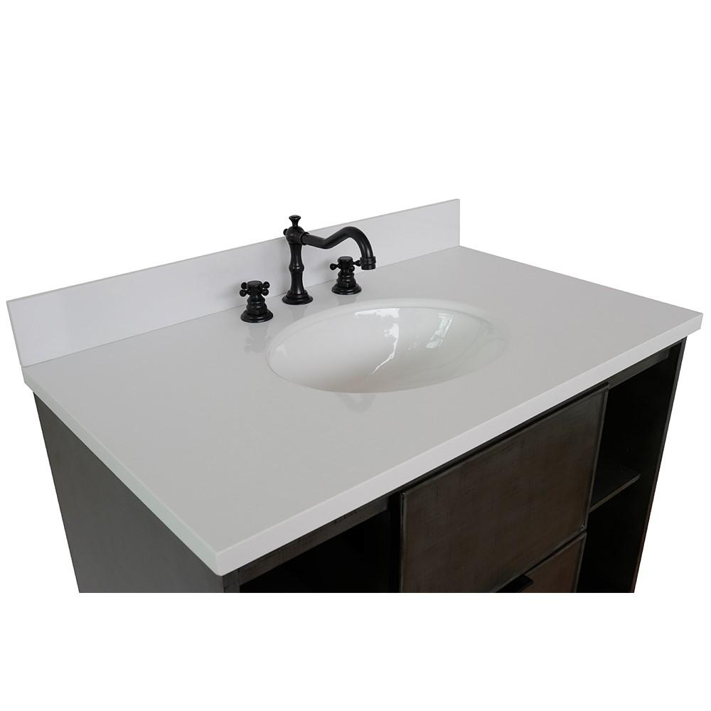Single wall mount vanity in Linen Gray with White Quartz top and oval sink. Picture 6