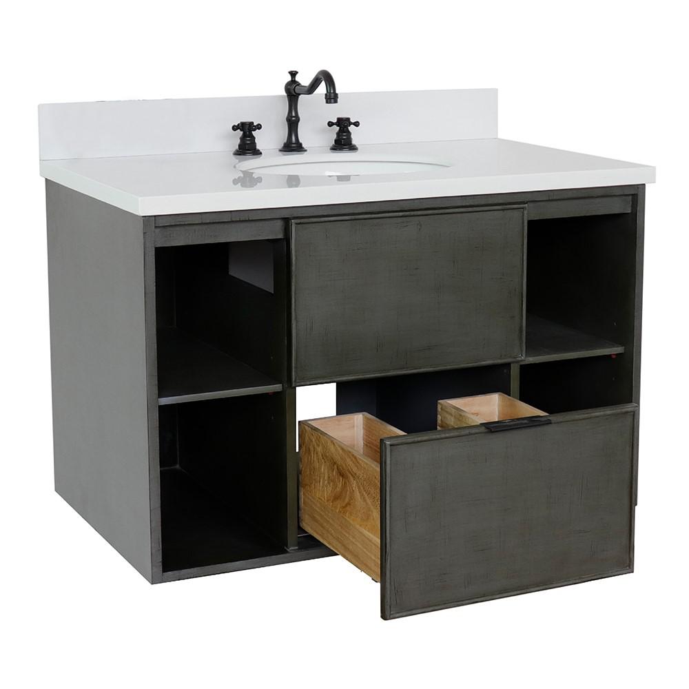 Single wall mount vanity in Linen Gray with White Quartz top and oval sink. Picture 7