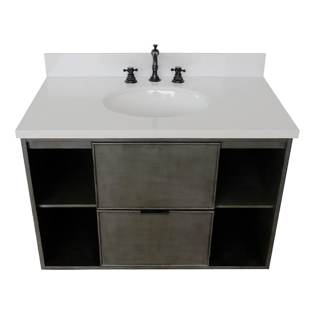 Single wall mount vanity in Linen Gray with White Quartz top and oval sink. Picture 9