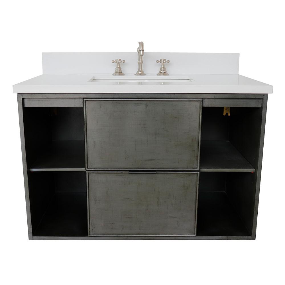 Single wall mount vanity in Linen Gray with White Quartz top and rectangle sink. Picture 6