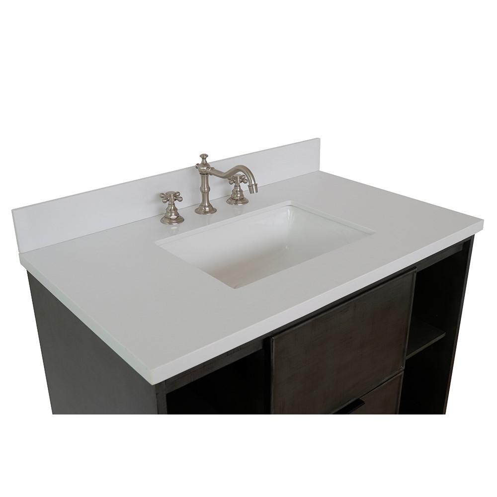 Single wall mount vanity in Linen Gray with White Quartz top and rectangle sink. Picture 7