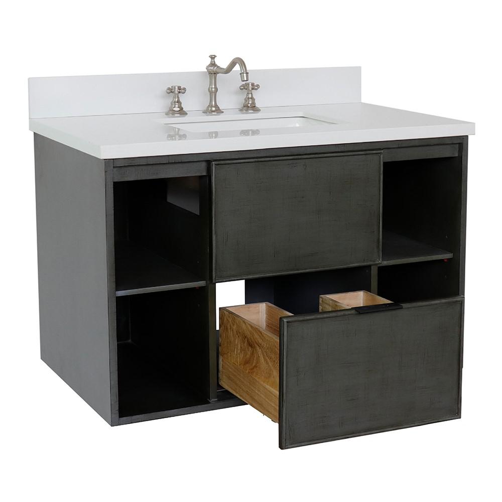 Single wall mount vanity in Linen Gray with White Quartz top and rectangle sink. Picture 8