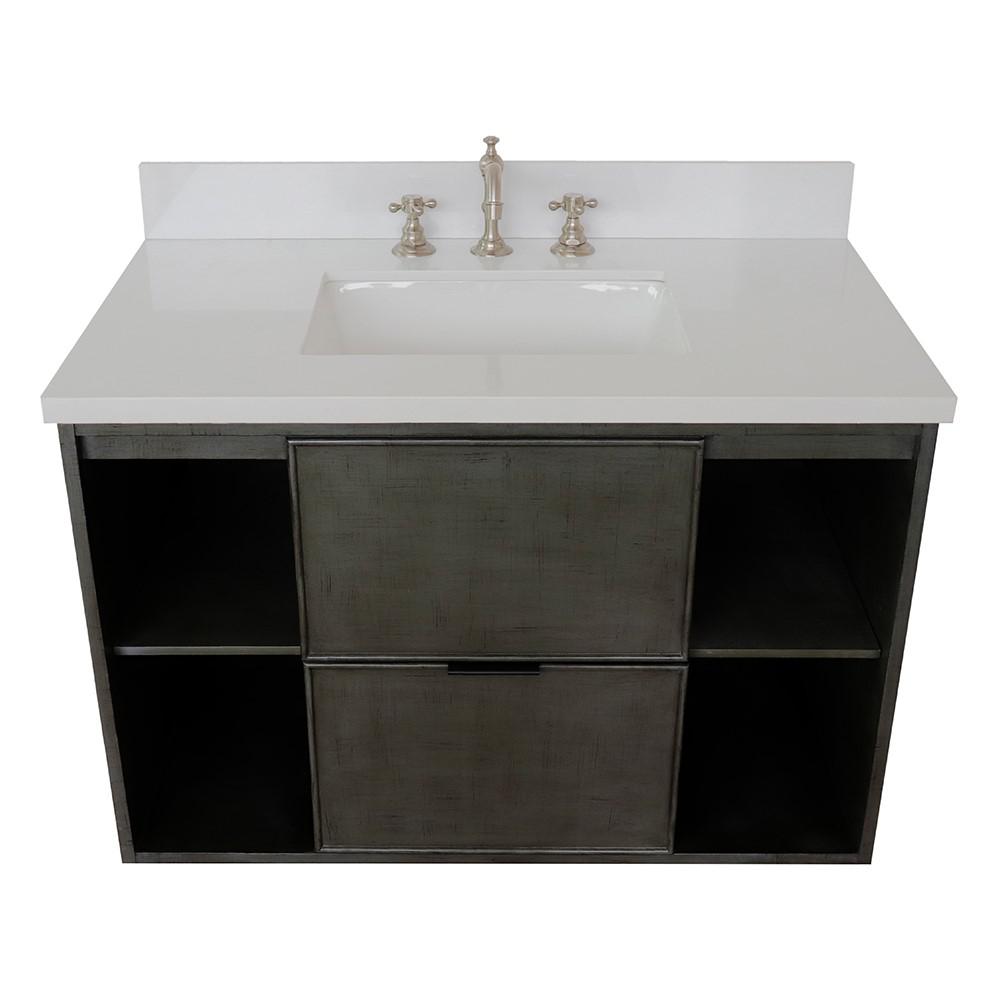 Single wall mount vanity in Linen Gray with White Quartz top and rectangle sink. Picture 10