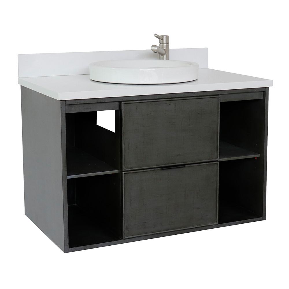 Single wall mount vanity in Linen Gray with White Quartz top and rectangle sink. Picture 15