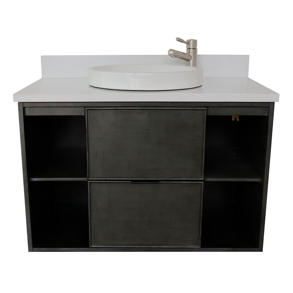 Single wall mount vanity in Linen Gray with White Quartz top and rectangle sink. Picture 17
