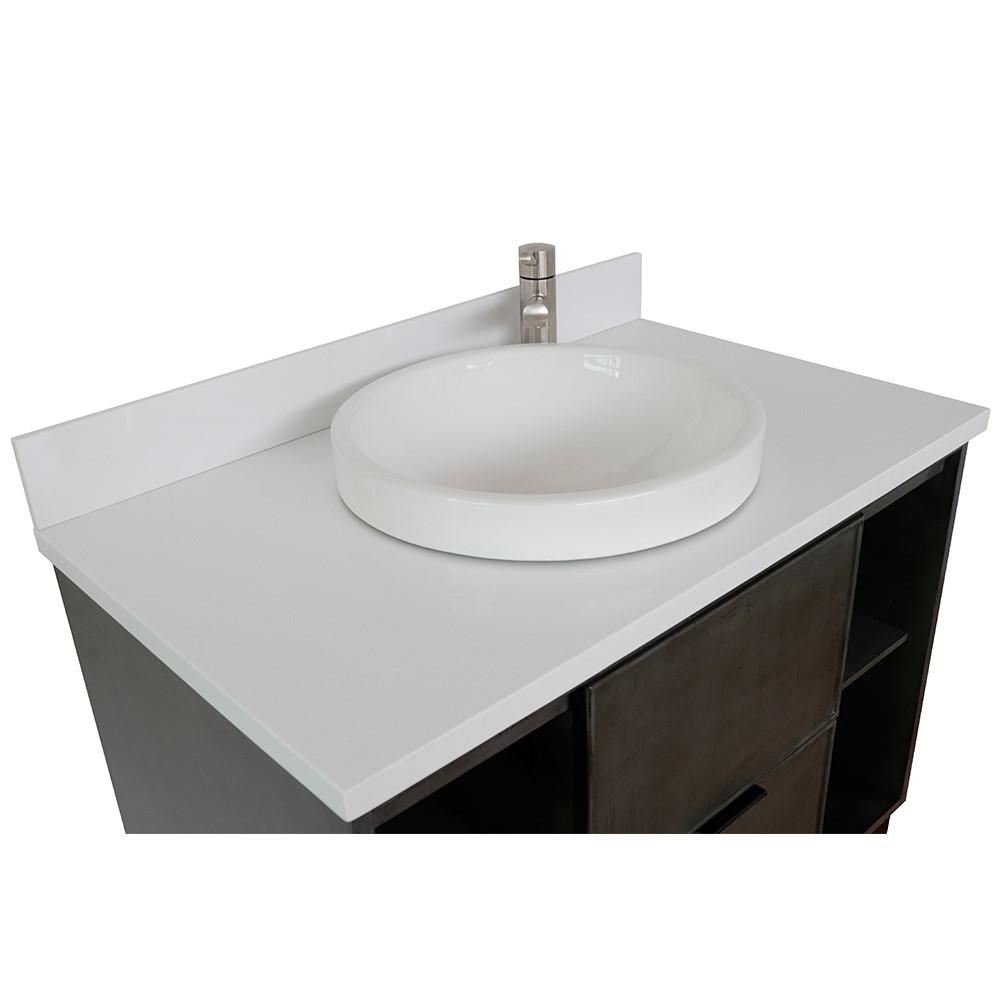 Single wall mount vanity in Linen Gray with White Quartz top and rectangle sink. Picture 18