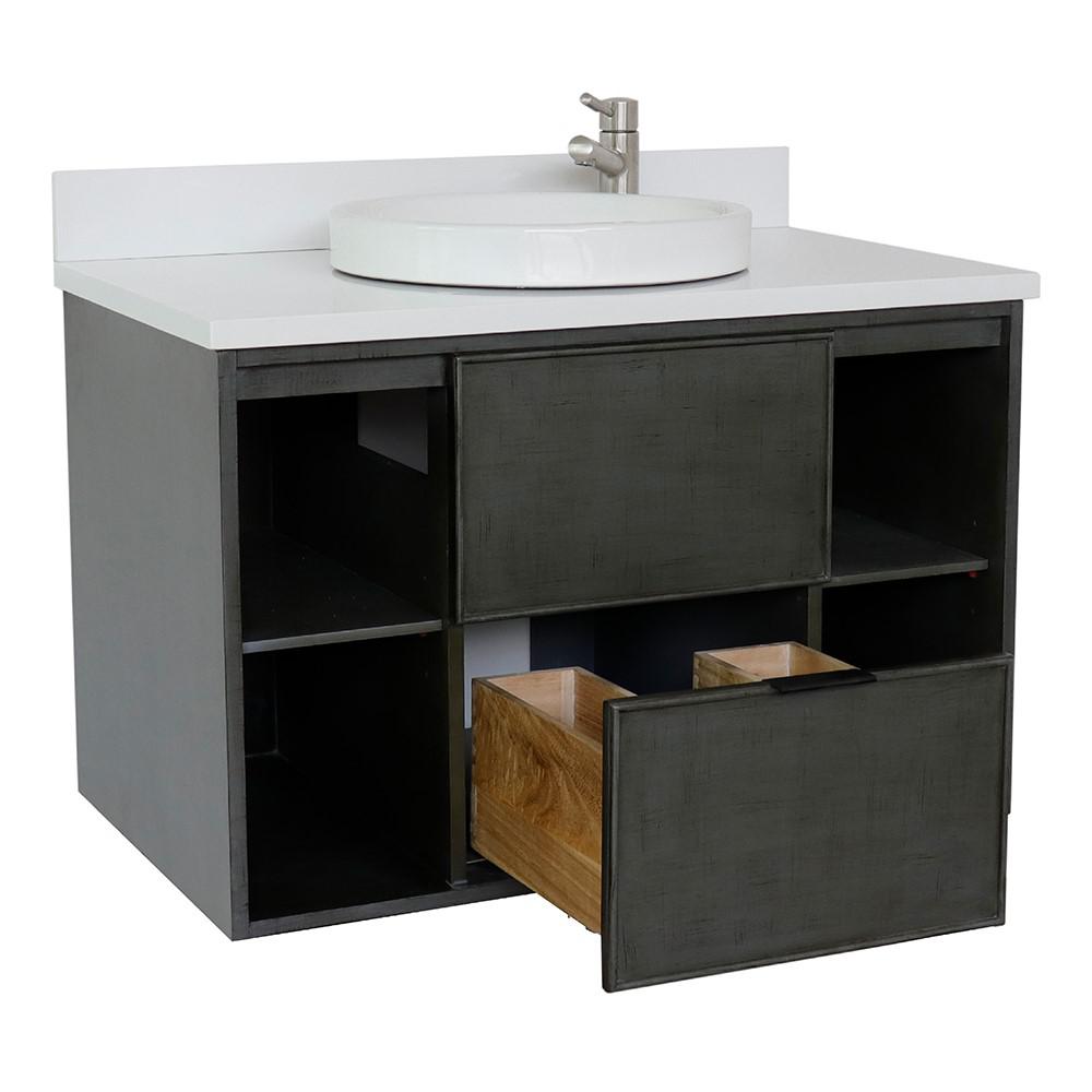 Single wall mount vanity in Linen Gray with White Quartz top and rectangle sink. Picture 19