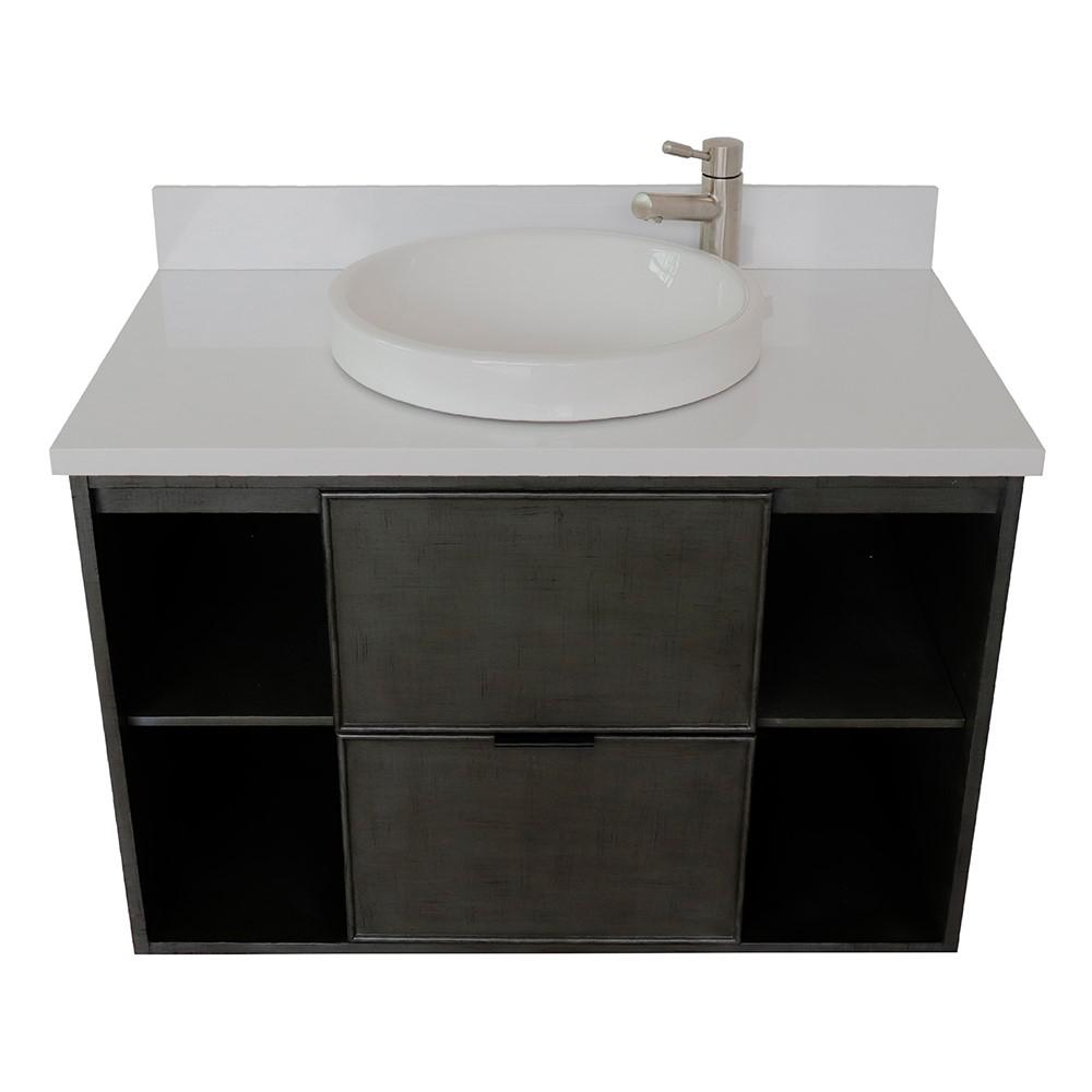 Single wall mount vanity in Linen Gray with White Quartz top and rectangle sink. Picture 21