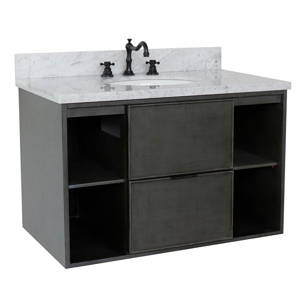 Single wall mount vanity in Linen Gray with White Carrara top and oval sink. Picture 3