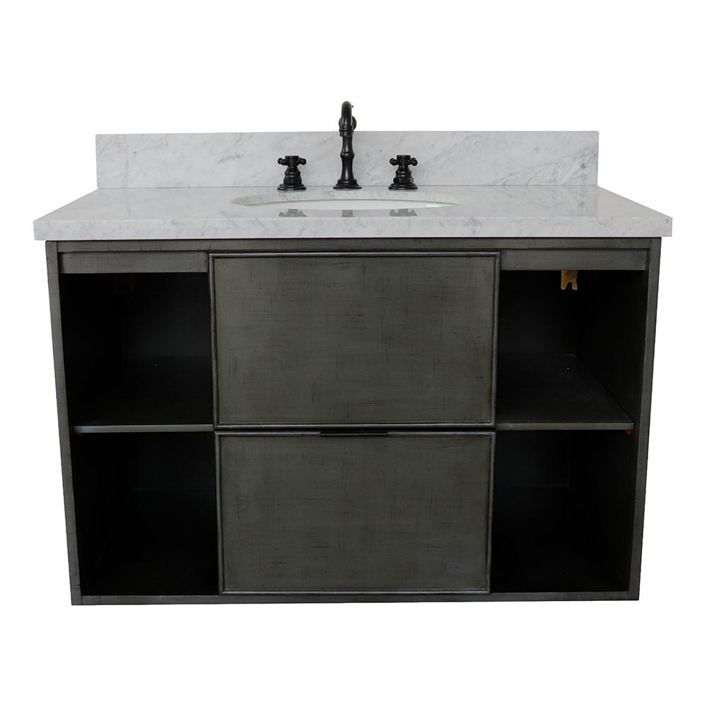 Single wall mount vanity in Linen Gray with White Carrara top and oval sink. Picture 5
