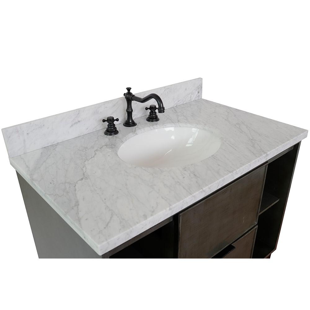 Single wall mount vanity in Linen Gray with White Carrara top and oval sink. Picture 6