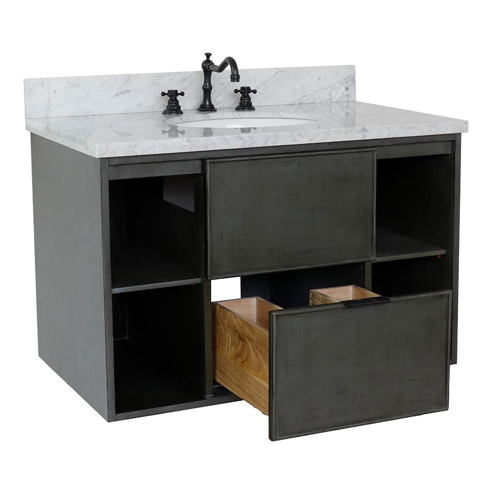 Single wall mount vanity in Linen Gray with White Carrara top and oval sink. Picture 7