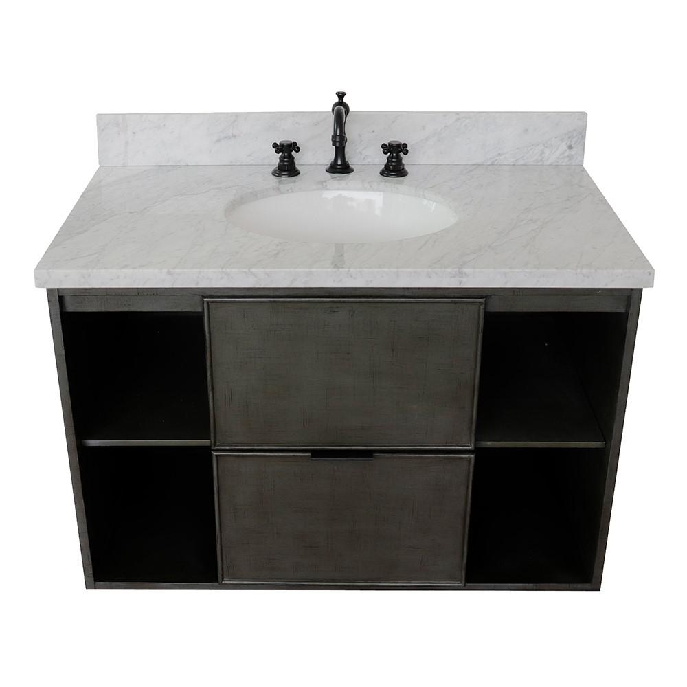 Single wall mount vanity in Linen Gray with White Carrara top and oval sink. Picture 9