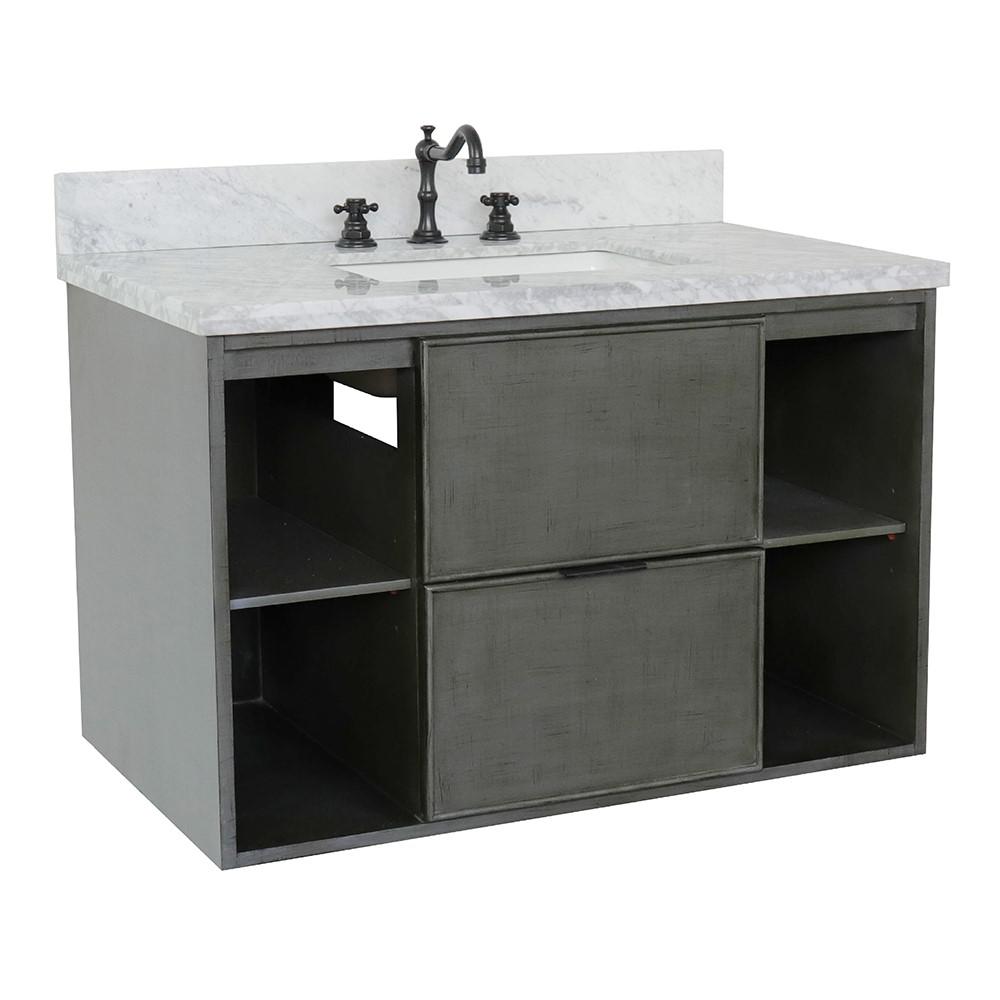 Single wall mount vanity in Linen Gray with White Carrara top and rectangle sink. Picture 3