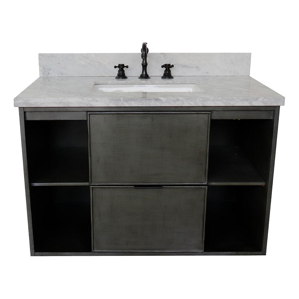 Single wall mount vanity in Linen Gray with White Carrara top and rectangle sink. Picture 6
