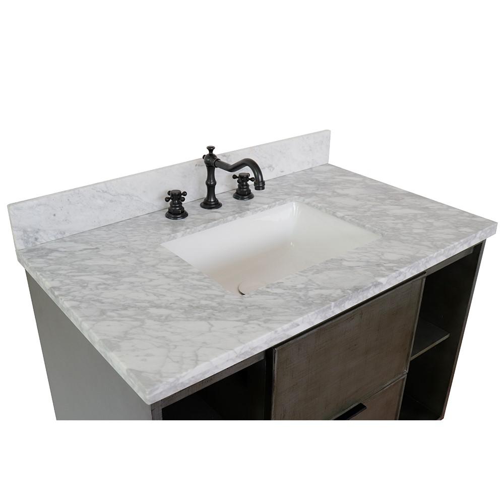 Single wall mount vanity in Linen Gray with White Carrara top and rectangle sink. Picture 7