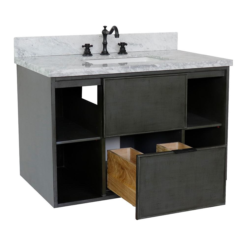 Single wall mount vanity in Linen Gray with White Carrara top and rectangle sink. Picture 8