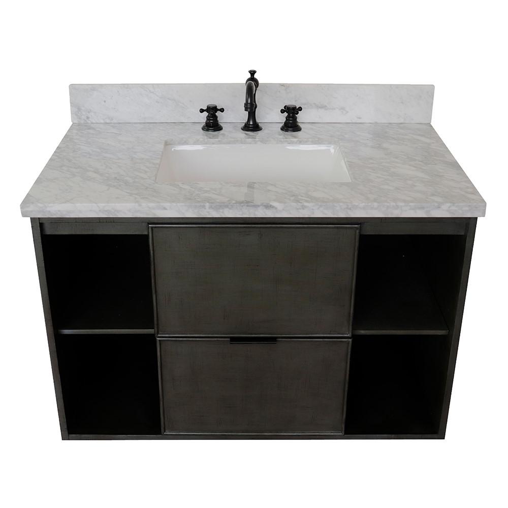 Single wall mount vanity in Linen Gray with White Carrara top and rectangle sink. Picture 10