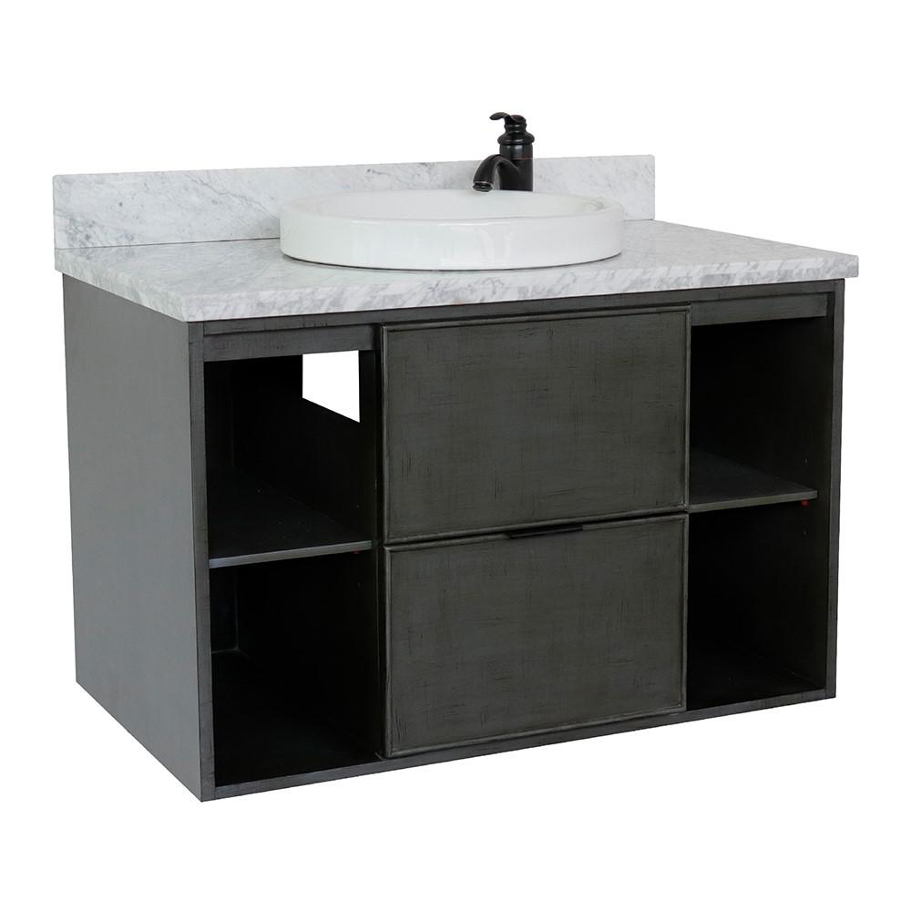 Single wall mount vanity in Linen Gray with White Carrara top and rectangle sink. Picture 15